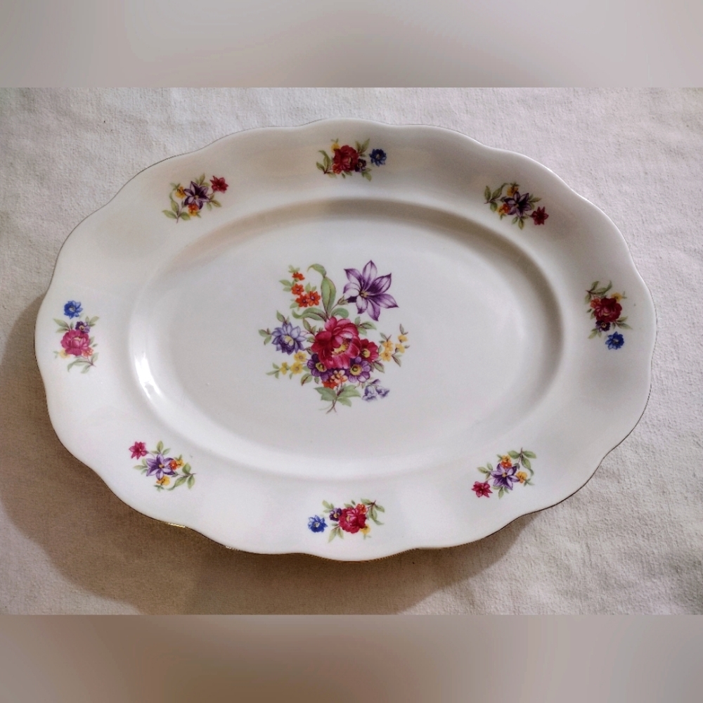 Favolina Floral Bouquet China Oval Platter made in Poland with Gold trim 14x10x2
